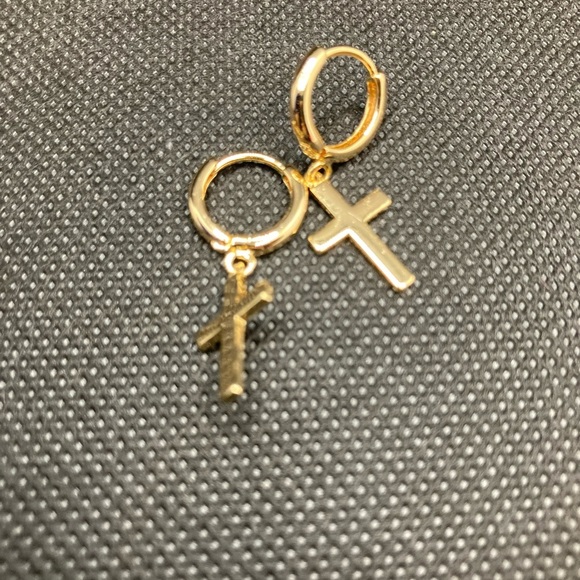 Cross Earrings Gold Huggie Hoop Dangle Drop - Picture 9 of 9